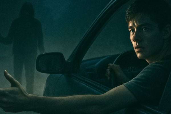 Homme assis dans une voiture regarde une silhouette sombre dehors avec une expression de peur intense.