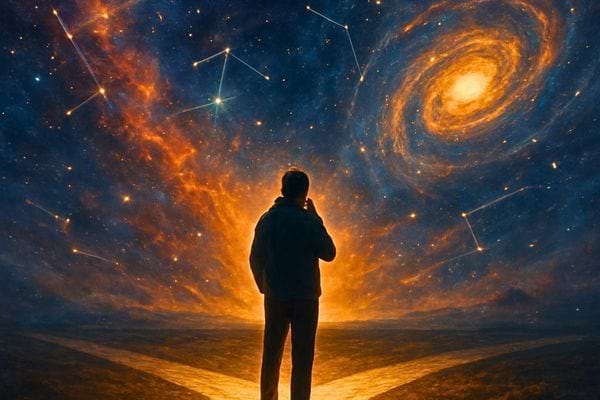 Un homme observe un ciel cosmique rempli de galaxies. La scene evoque questionnement existentiel et immensite.