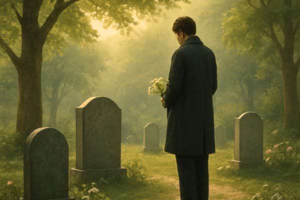 homme en manteau tenant un bouquet face a une tombe dans un cimetiere paisible au soleil couchant