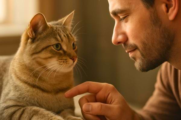 Un homme pench&eacute; observe calmement son chat assis alors qu il touche doucement sa patte.