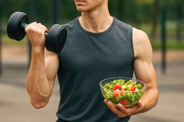 Un homme tient un haltere et un bol de salade. La scene associe sport et alimentation saine.