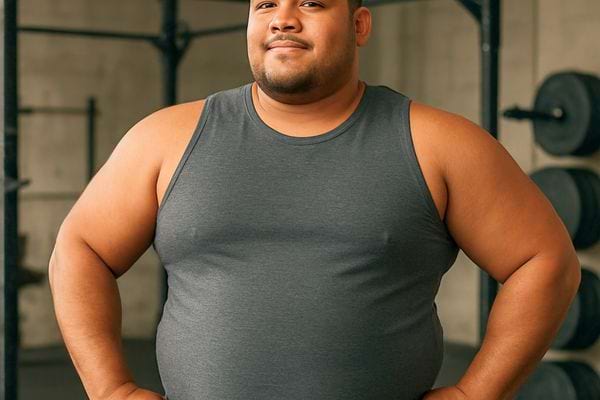 Un homme en surpoids se tient dans une salle de sport. Il adopte une posture confiante et determinee.