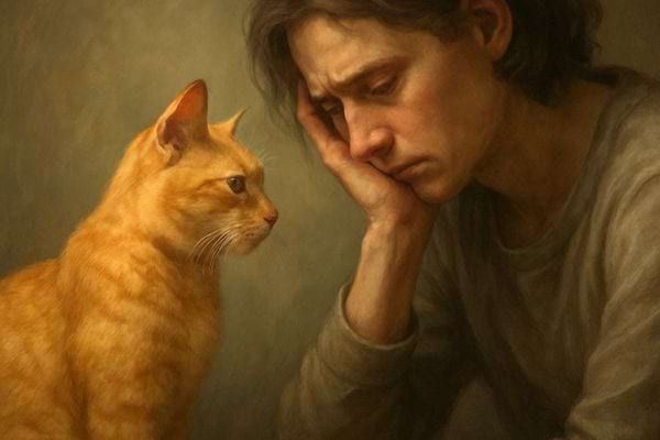 Un homme appuie sa tete sur sa main. Un chat le regarde avec attention comme un soutien silencieux.