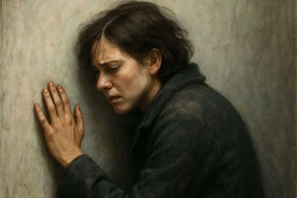 Un homme regarde dehors par une fenetre. Le decor hivernal renforce le sentiment de solitude.