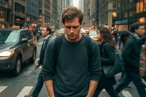 un homme marche tete baissee au milieu d un passage pieton entoure de passants presses