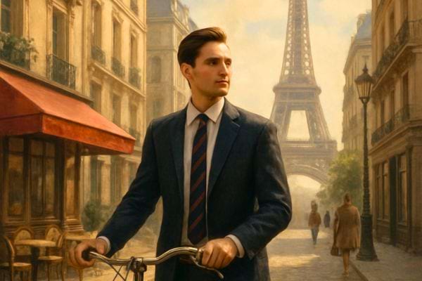 homme elegant tenant un velo dans une rue parisienne avec la tour eiffel en arriere plan