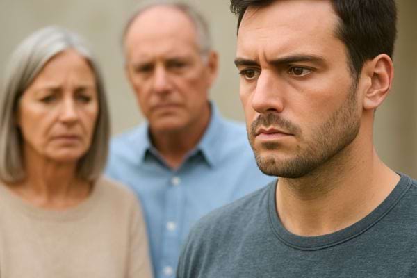 Un homme regarde devant lui avec inquietude. Derriere lui ses parents expriment la tension et l incomprehension.
