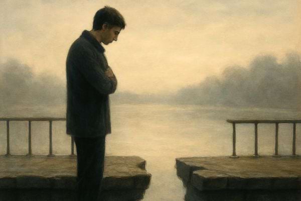 Un homme se tient seul face a un vide entre deux rives. Son attitude montre la tristesse et le sentiment de rupture.