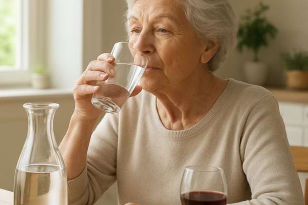 femme agee buvant un verre deau a table geste simple lie au bien etre et a la sante quotidienne