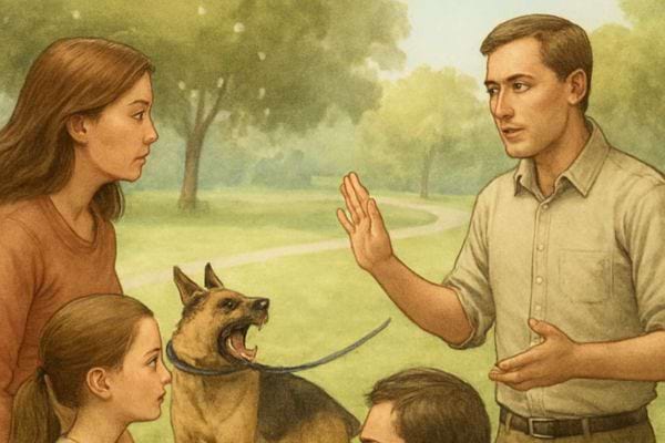 Un homme explique calmement a une famille comment reagir face a un chien agressif dans un parc verdoyant.