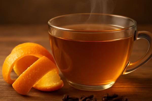 tasse de tisane chaude accompagnee d ecorces d orange sur une table en bois