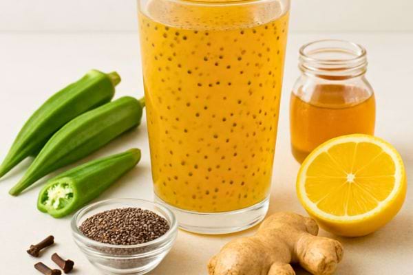 verre de boisson jaune avec graines chia citron gingembre piment et miel poses a cote