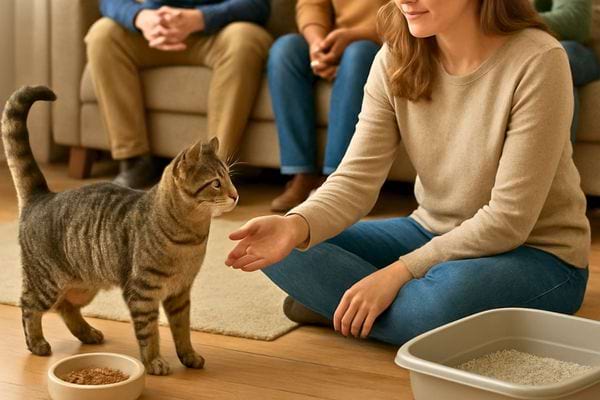 Une femme tend la main vers un chat dans un salon. La scene montre une interaction calme et familiale.