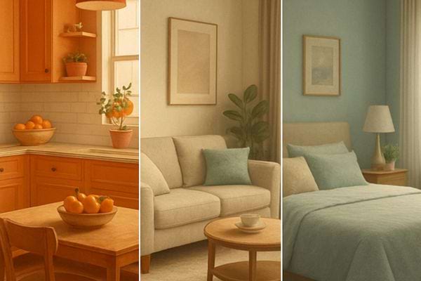 Un interieur chaleureux montre cuisine salon et chambre harmonises avec des tons doux et naturels.