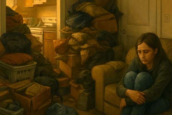 Une jeune femme est assise recroquevillee sur un canape entouree de piles de vetements et de cartons.