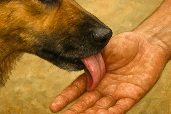 Gros plan sur la langue d un chien lechant la paume d une main humaine