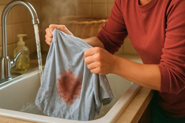 Une personne lave a la main un tee shirt tache sous leau chaude dans un evier de cuisine.