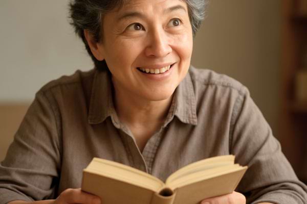 femme mature souriante lisant un livre a la maison dans un moment de detente et de curiosite