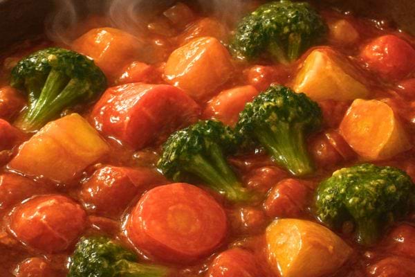 melange de carottes pommes de terre et brocoli dans une sauce fumante