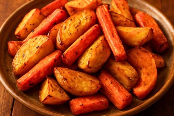 un bol rempli de pommes de terre et carottes roties bien assaisonnees
