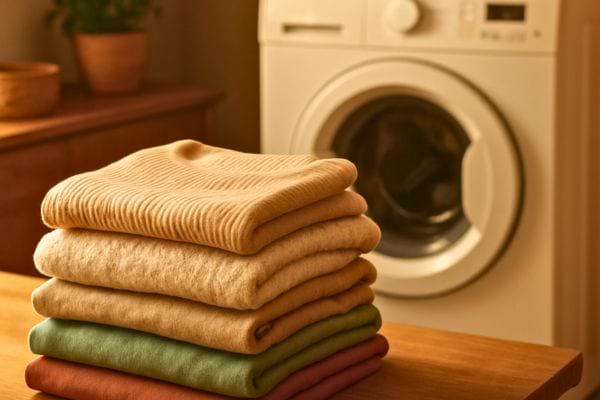 pile de vetements soigneusement plies poses devant une machine a laver dans une piece chaleureuse