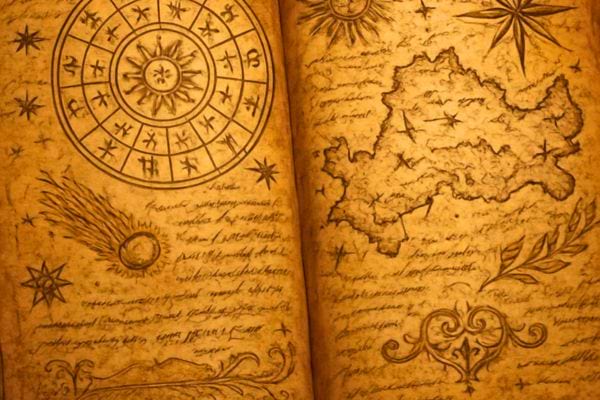 Livre ancien ouvert montrant carte dessinee a la main et roue astrologique avec ecritures mysterieuses