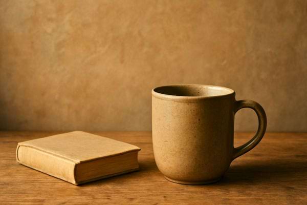 un livre ferme et une tasse en ceramique poses sur une table en bois dans une ambiance calme et chaleureuse