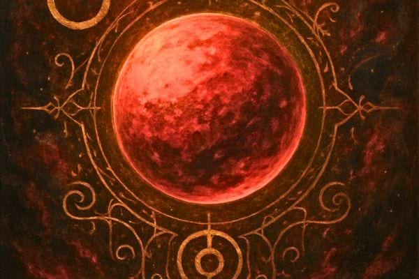 Sphere lunaire rouge entouree de symboles esoteriques dessines dans une ambiance mystique et surnaturelle