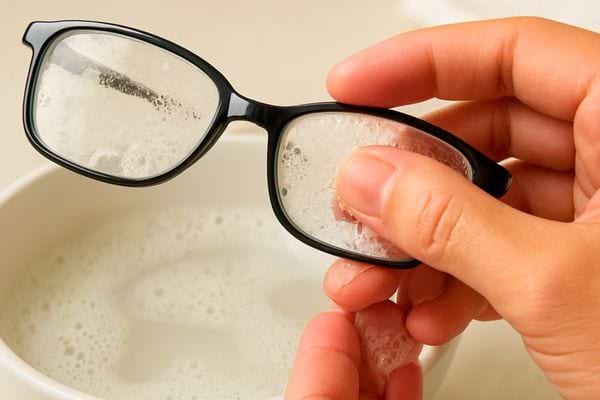 Une paire de lunettes est nettoyee dans de l eau savonneuse. Les doigts frottent les verres delicatement.