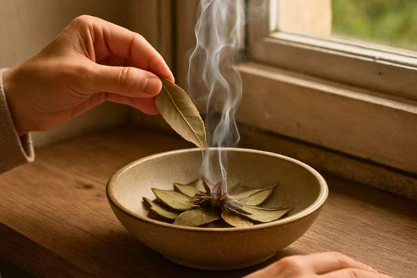 Main tenant une feuille de laurier au dessus dun bol fumant pres dune fenetre lumineuse.