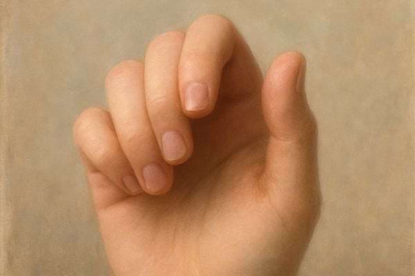 Main humaine partiellement fermee, doigts detendus, peau naturelle, fond doux et neutre.