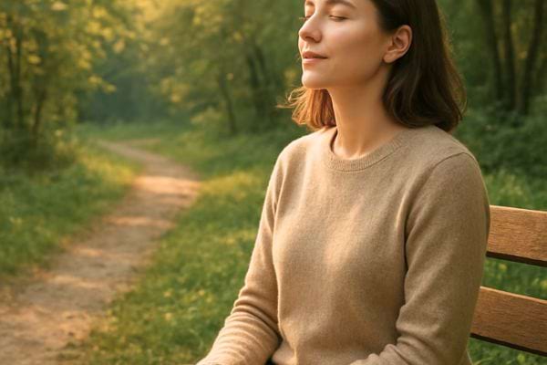 jeune femme assise sur un banc en foret les yeux fermes respirant calmement dans un cadre naturel