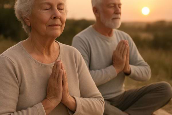 couple de seniors meditant assis dehors au coucher du soleil atmosphere paisible et apaisante