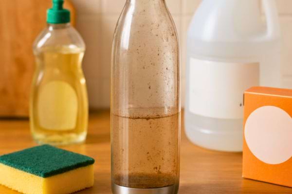bouteille avec liquide brunatre posee sur plan de travail avec eponge et produits menagers