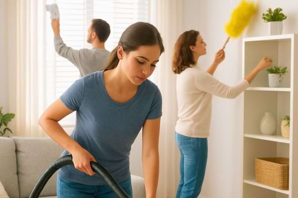 Trois personnes nettoient une piece ensemble avec aspirateur et plumeau dans un salon lumineux.