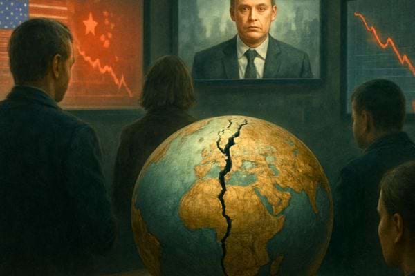 Personnes observant un globe terrestre fissure face a des ecrans montrant chute economique et dirigeant inquiet