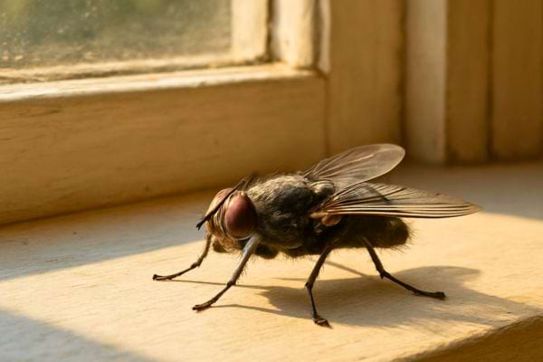 gros plan dune mouche posee sur un rebord de fenetre eclaire par la lumiere du soleil