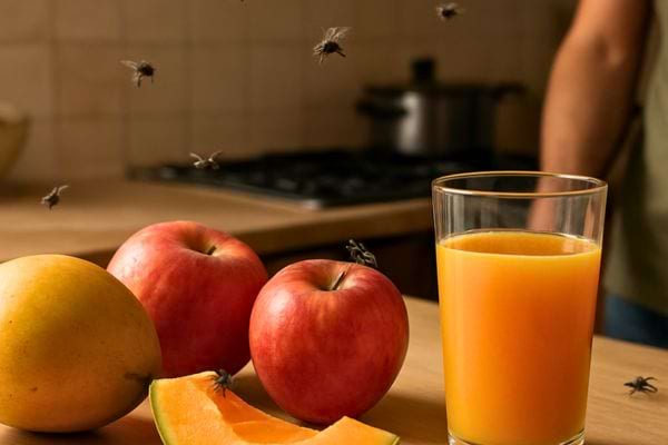 fruits et jus poses sur un plan de travail avec plusieurs moucherons volant autour