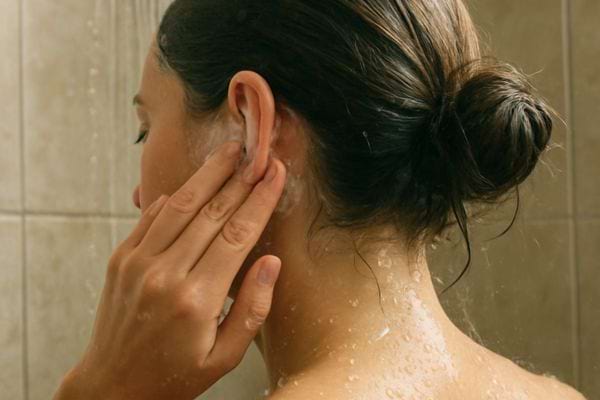 femme sous la douche se nettoyant l oreille avec la main, eau qui coule sur la peau
