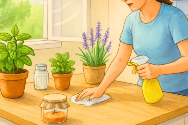 personne nettoyant un plan de travail avec spray chiffon plantes en pot et lumiere naturelle