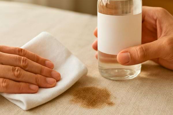 Une main nettoie une tache sur un tissu avec un chiffon blanc et une bouteille de vinaigre.