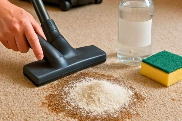 Un aspirateur passe sur une tache poudree sur un tapis avec une eponge et une bouteille deau a cote.