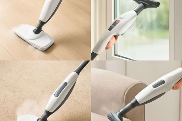 Nettoyeur vapeur utilise sur sol vitre tapis et canape en montage multisurfaces.