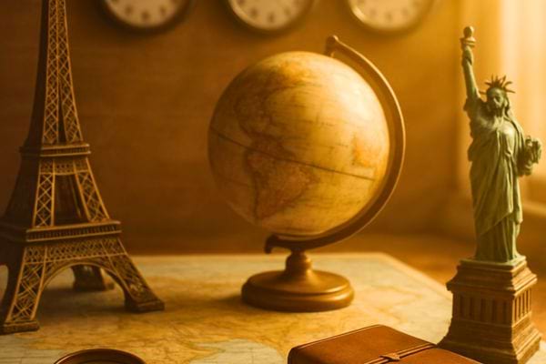 composition avec globe terrestre tour eiffel statue liberte et objets de voyage