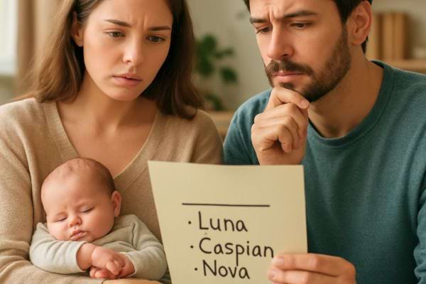 couple tenant un bebe lisant une liste de prenoms avec une expression pensive