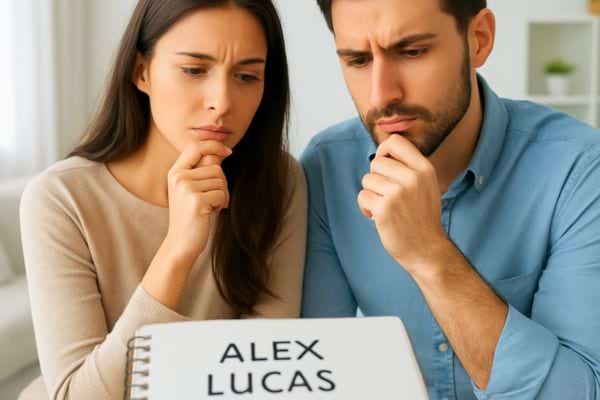 Un couple concentre regarde une feuille avec des prenoms possibles pour leur futur enfant.