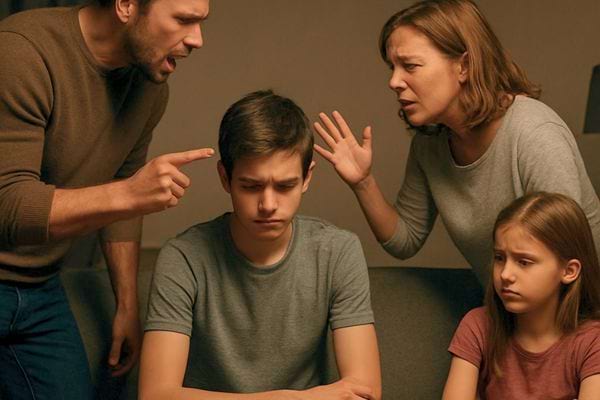 Des parents disputent un adolescent assis. L enfant semble submerger par la tension familiale.
