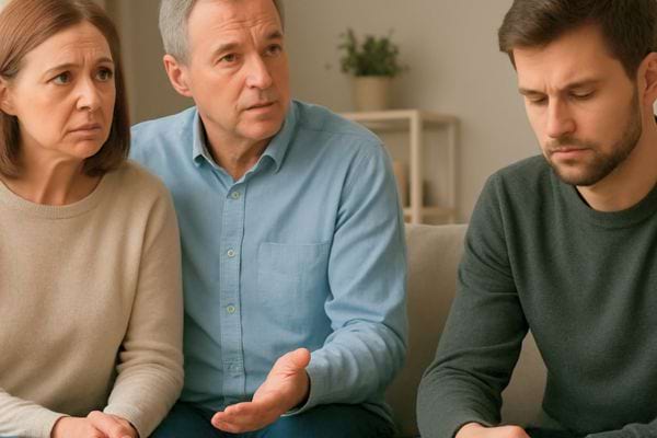 Des parents parlent a leur fils adulte. L atmosphere est lourde et la discussion semble serieuse et emotionnelle.