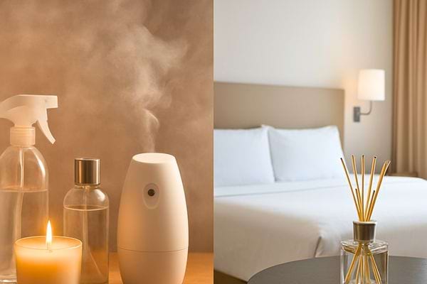 Des objets de parfum d ambiance diffusent une brume legere pres d un lit bien range.