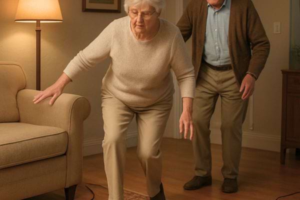 Une femme agee vacille pres d un canape. Un homme derriere elle est pret a la soutenir.